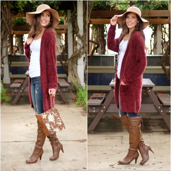 ✨RESTOCKED✨ Wine Fuzzy Open Front Cardigan - Picture 2 of 3